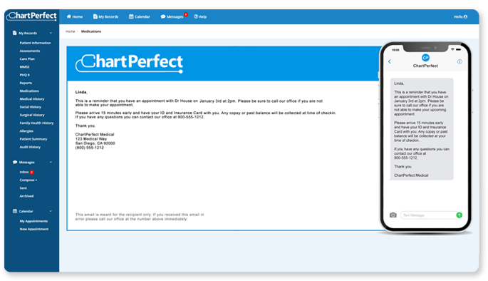 ChartPerfect EHR automated email, text, and voice patient appointment reminders
