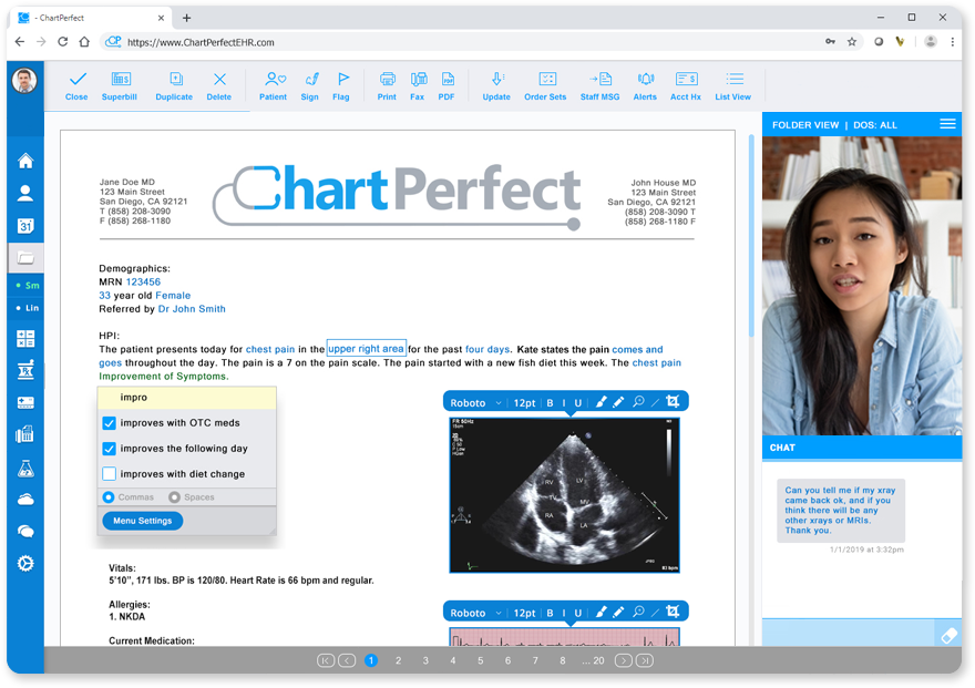 Charting patient note while on ChartPerfect EHR telehealth solution